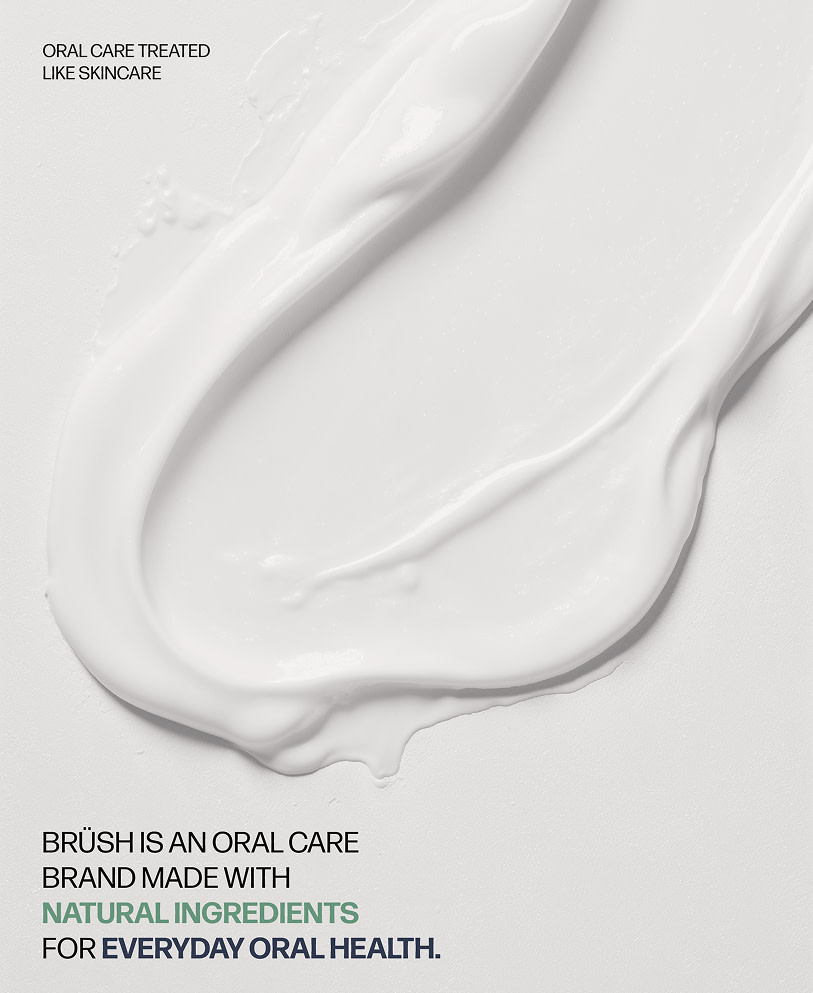 Visuel Brüsh avec texture cremeuse et slogan editorial.
