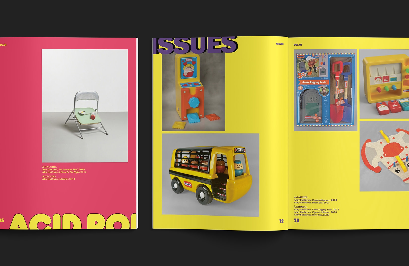 Detail d'une double page jaune d'Absurd Magazine avec objets et typographie.